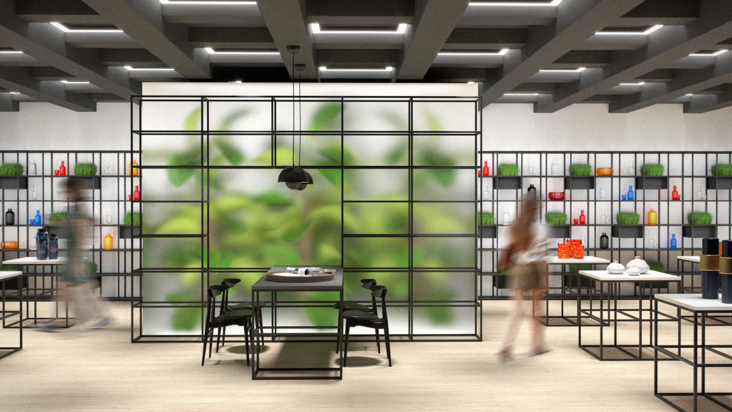Projekt aranżacji showroomu oparty o modułowe meble sklepowe w stylu industrialnym