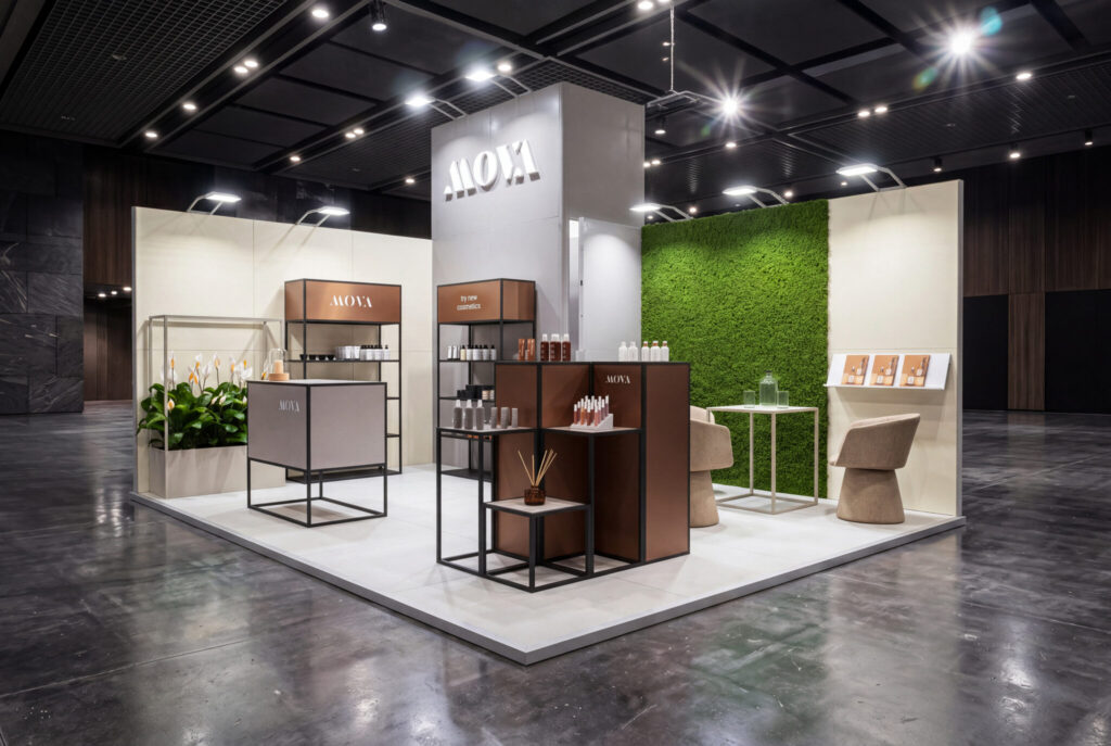 Eco-friendly modular trade show booth – exhibition stand design for a cosmetics trade show with a green wall and product display units