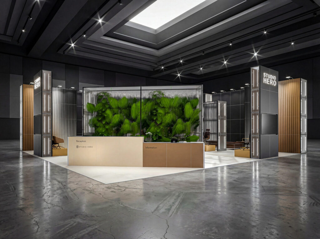 Eco-friendly modular trade show booth – modern island exhibition stand design
