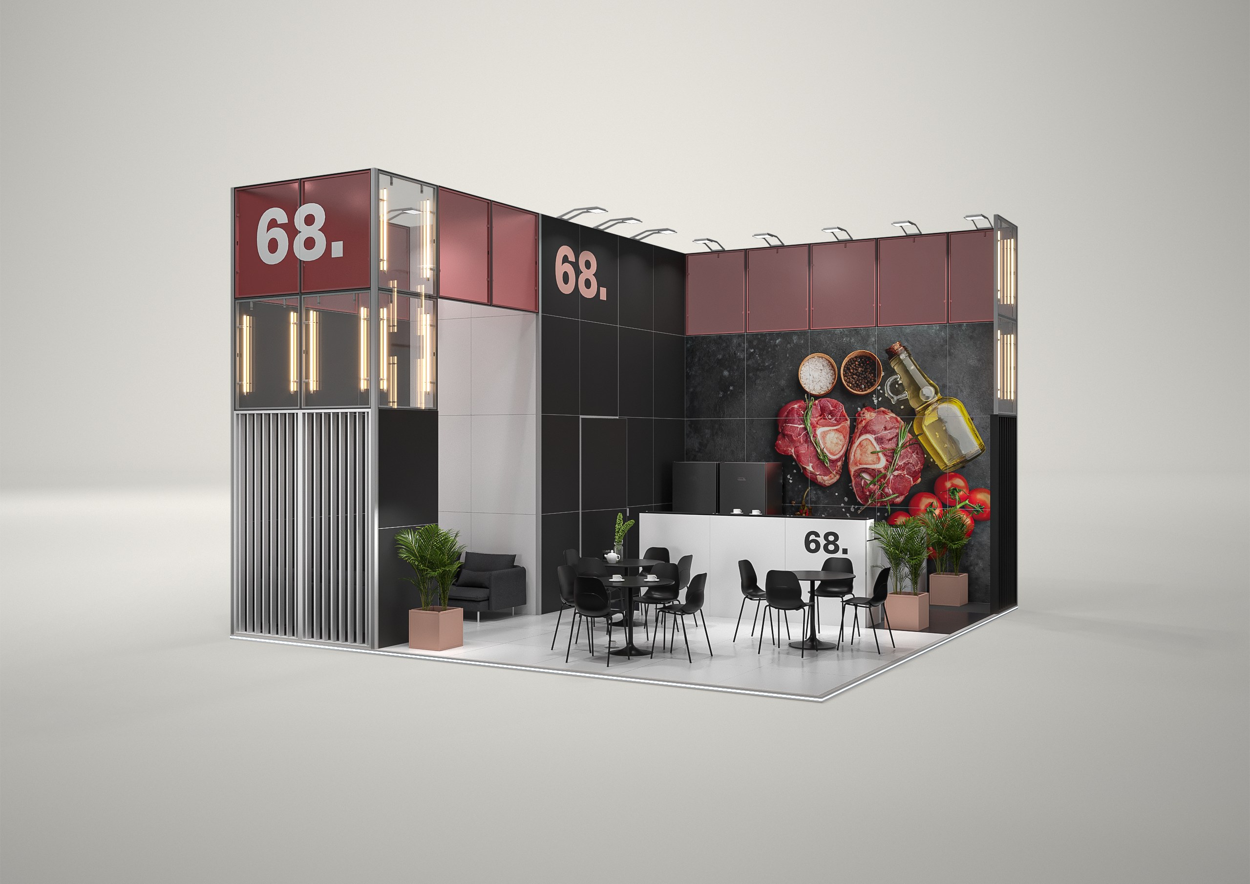 Stoisko targowe narożne 7x7m (49m²) – narożna zabudowa targowa z grafiką