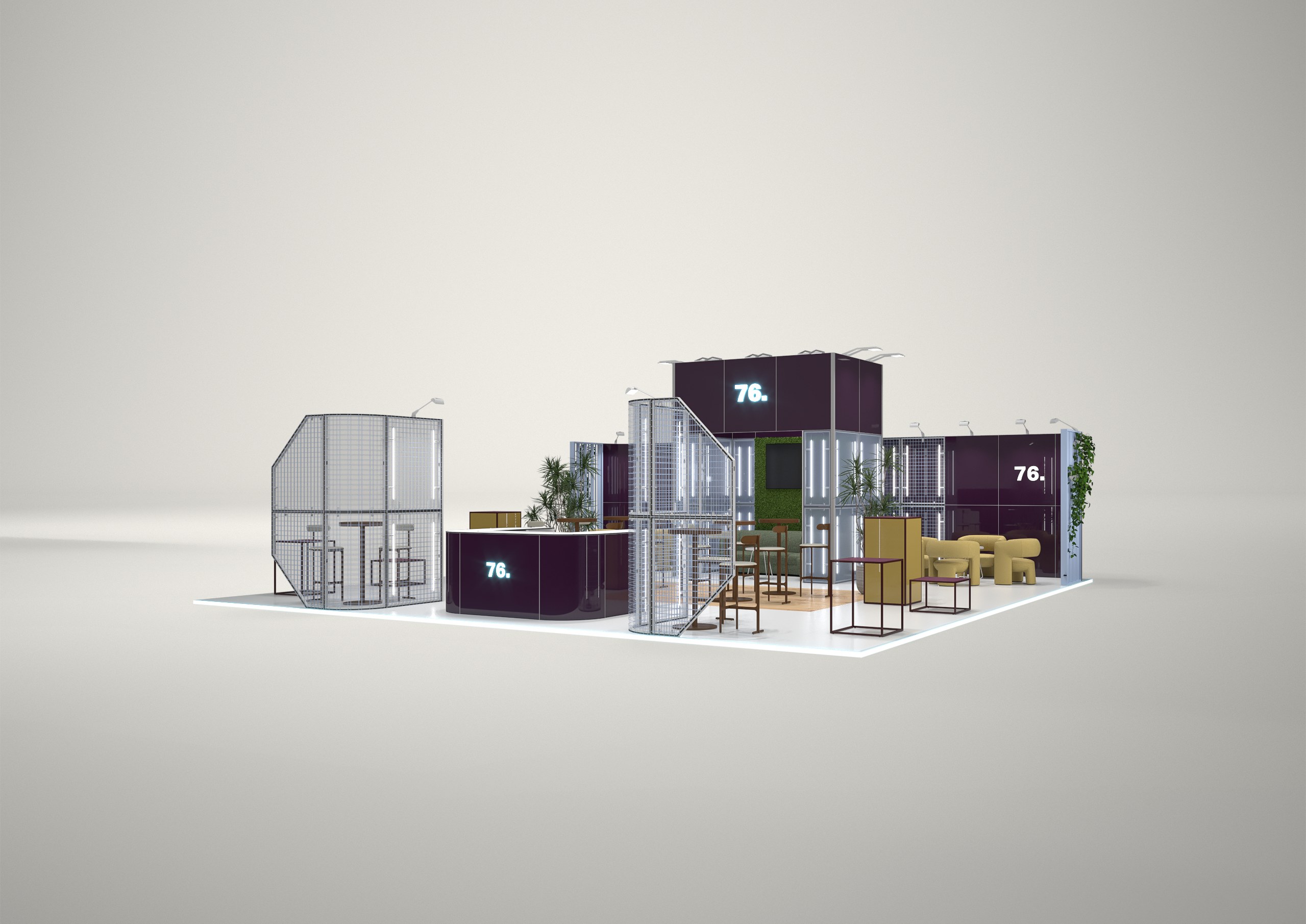 Stoisko targowe półwyspowe 10x10m (100m²) – reprezentacyjna zabudowa półwyspowa