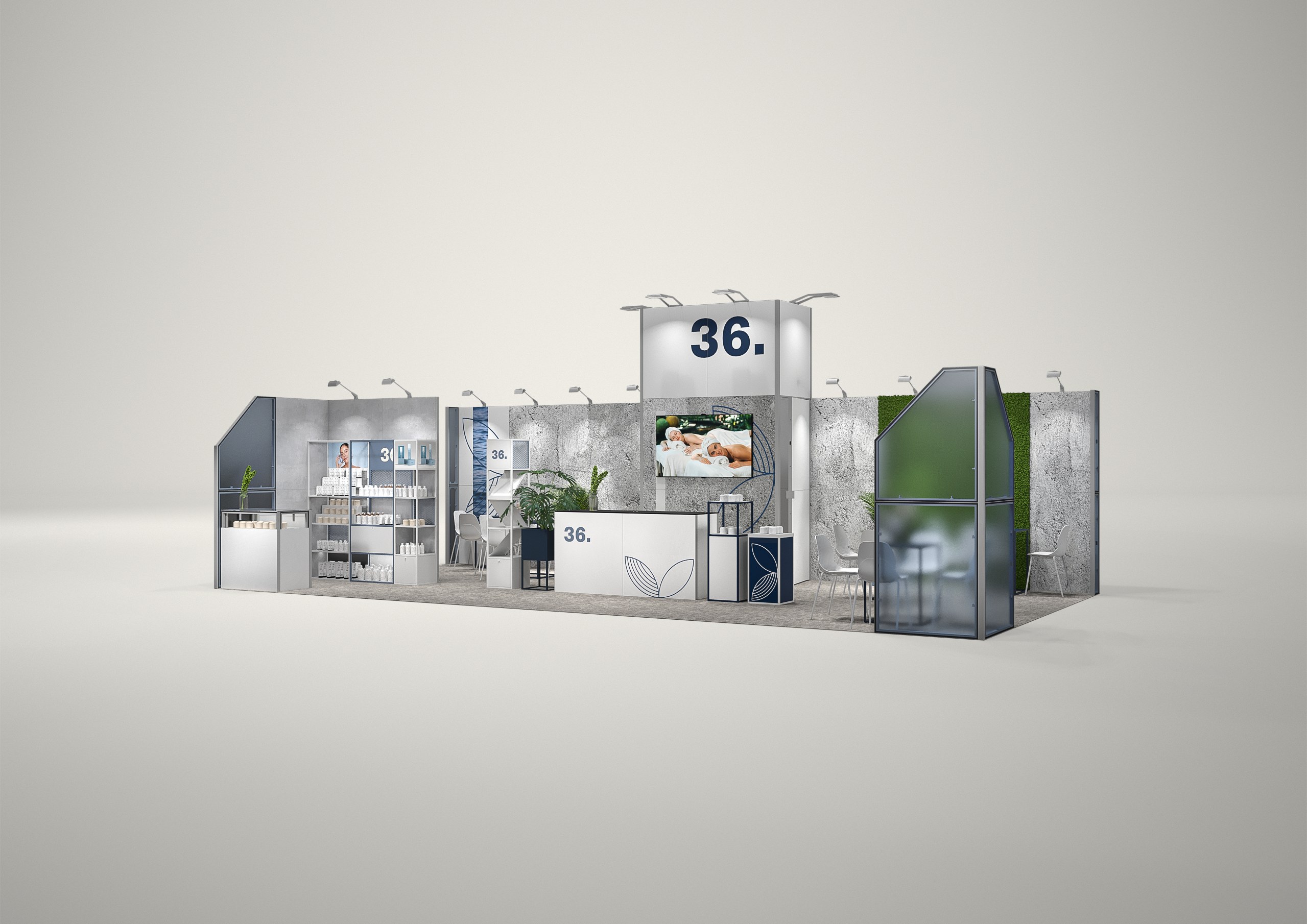Stoisko targowe półwyspowe 10x5m (50m²) – nowoczesne stoisko półwyspowe