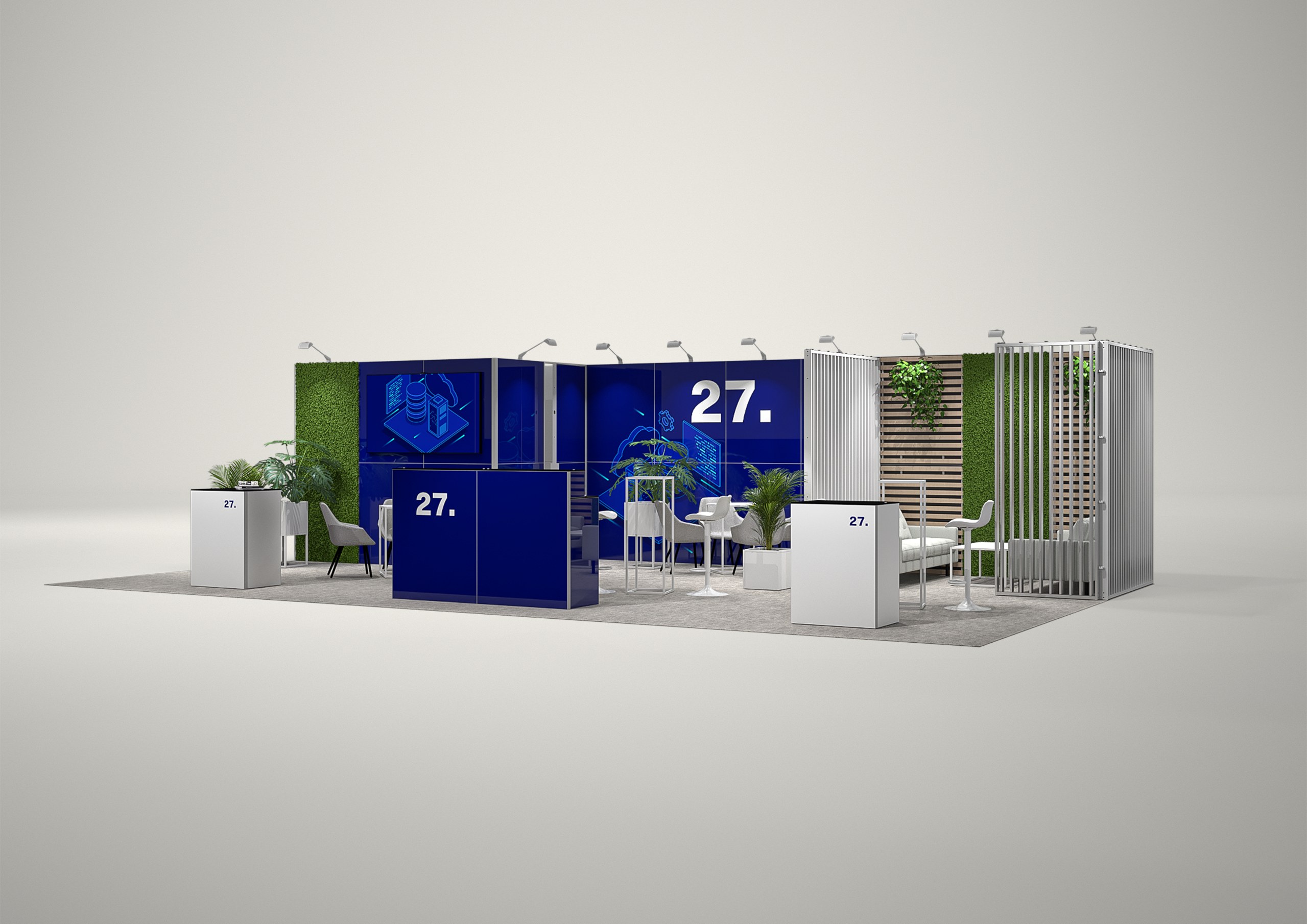 Stoisko targowe półwyspowe 10x6m (60m²) – reprezentacyjna zabudowa półwyspowa