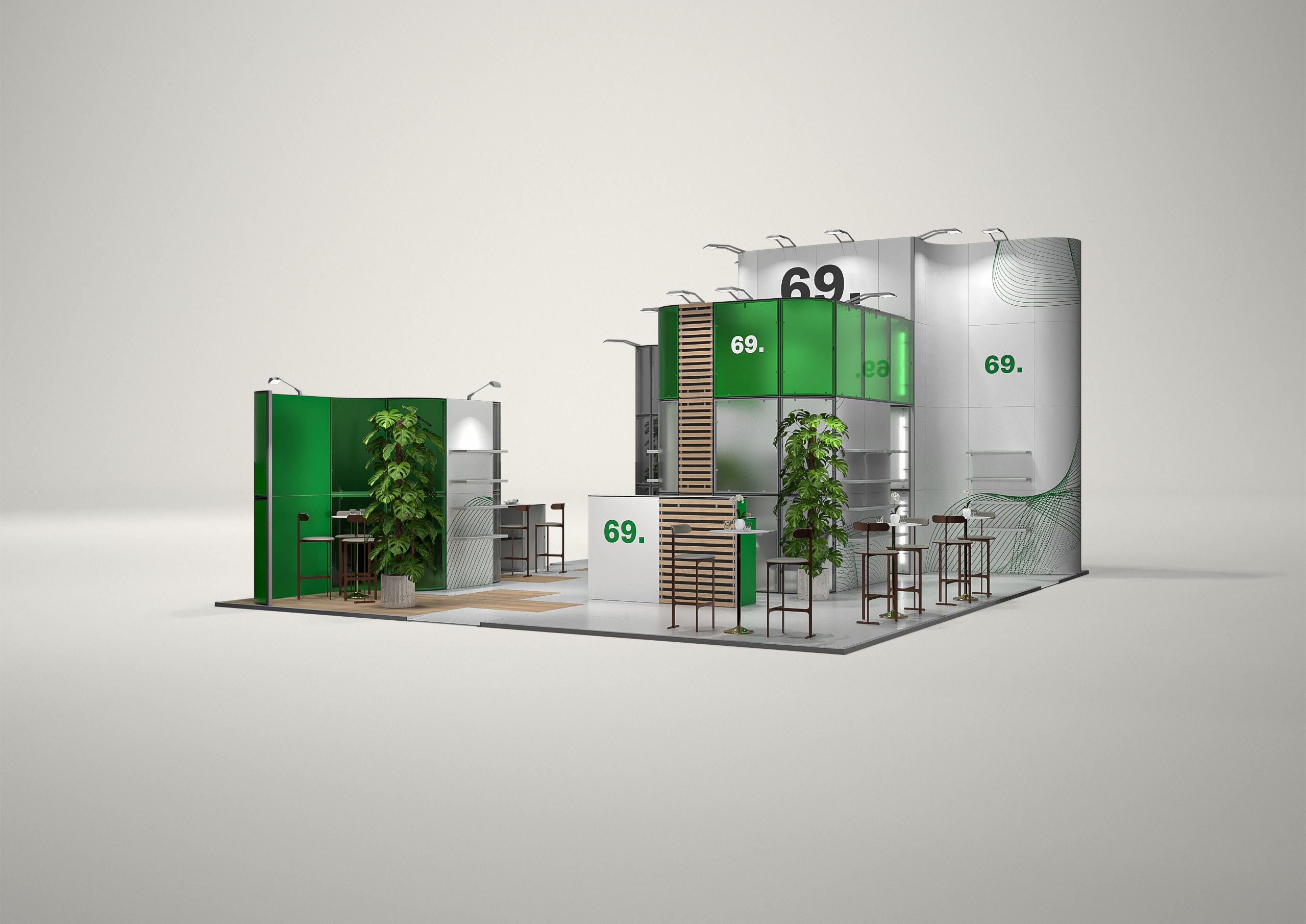 Stoisko targowe półwyspowe 10x8m (80m²) – funkcjonalna zabudowa półwyspowa
