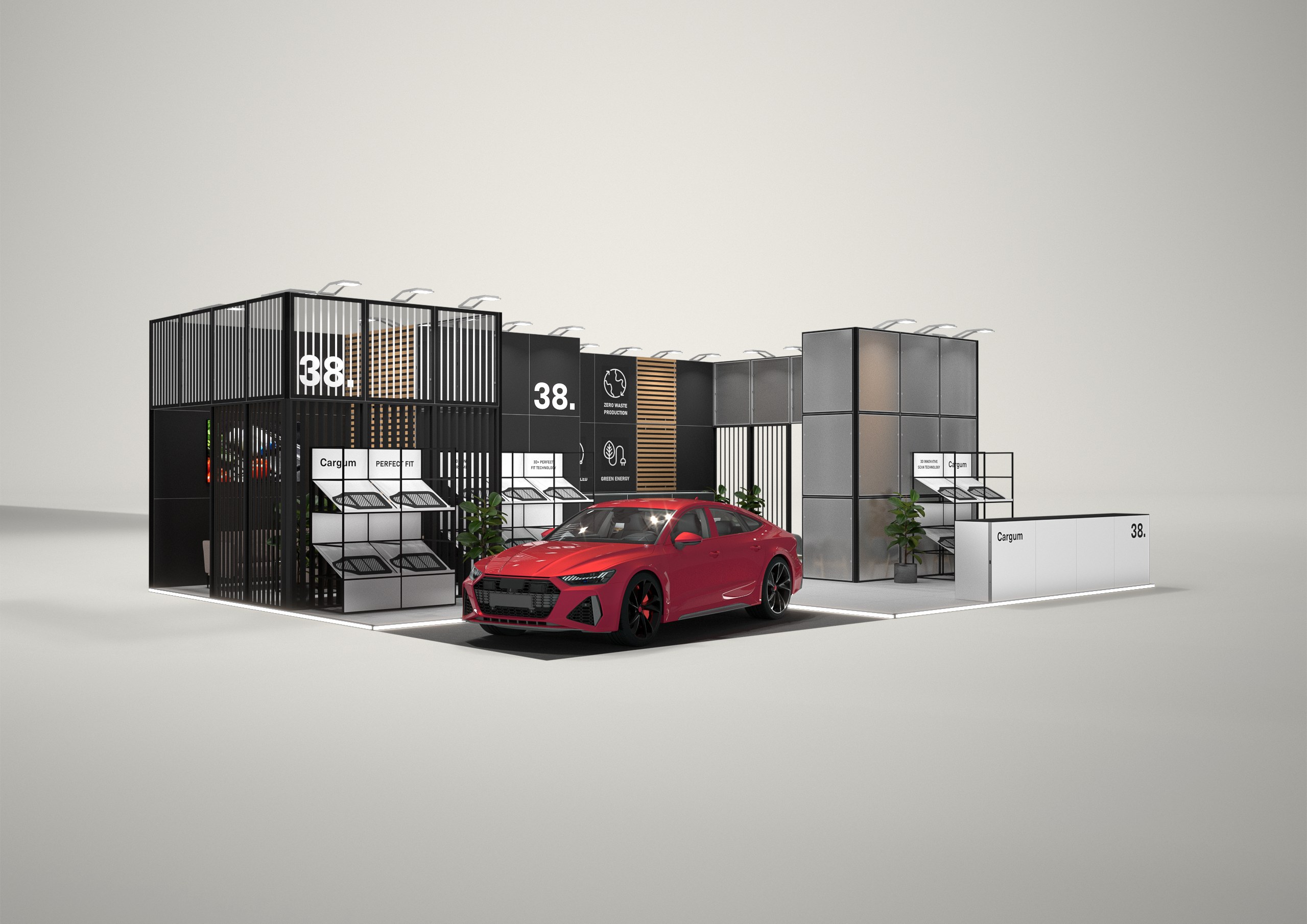 Stoisko targowe półwyspowe 11x9m (99m²) – funkcjonalna zabudowa półwyspowa