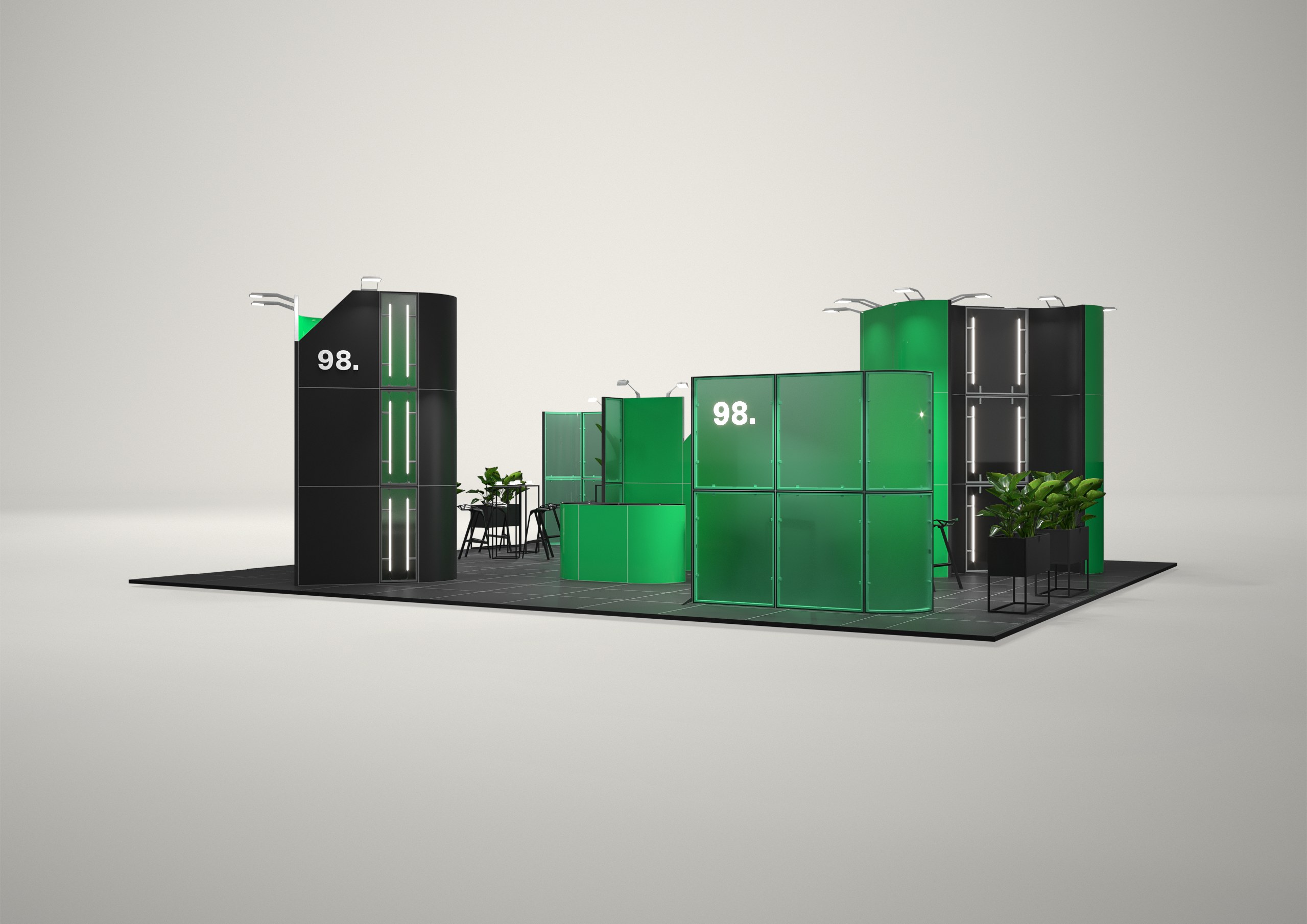 Stoisko targowe półwyspowe 12x10m (120m²) – półwyspowe stoisko otwarte z trzech stron