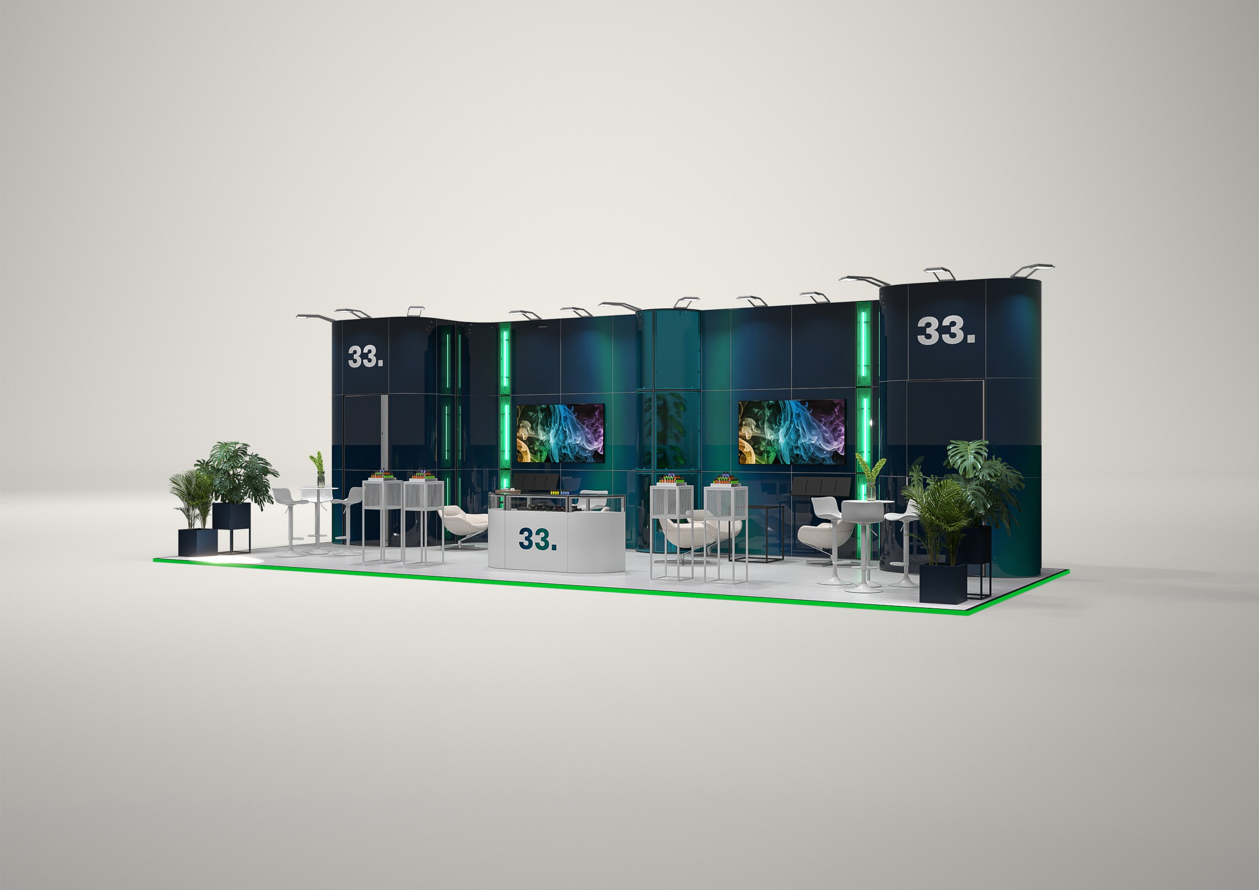 Stoisko targowe półwyspowe 12x5m (60m²) – otwarta zabudowa półwyspowa z grafiką