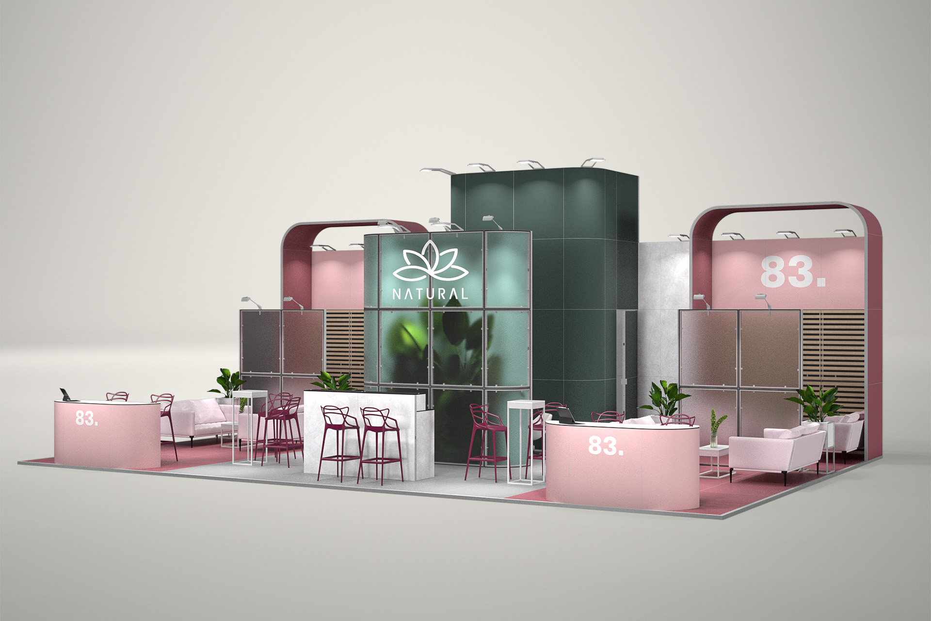 Stoisko targowe półwyspowe 12x8m (96m²) – nowoczesne stoisko półwyspowe