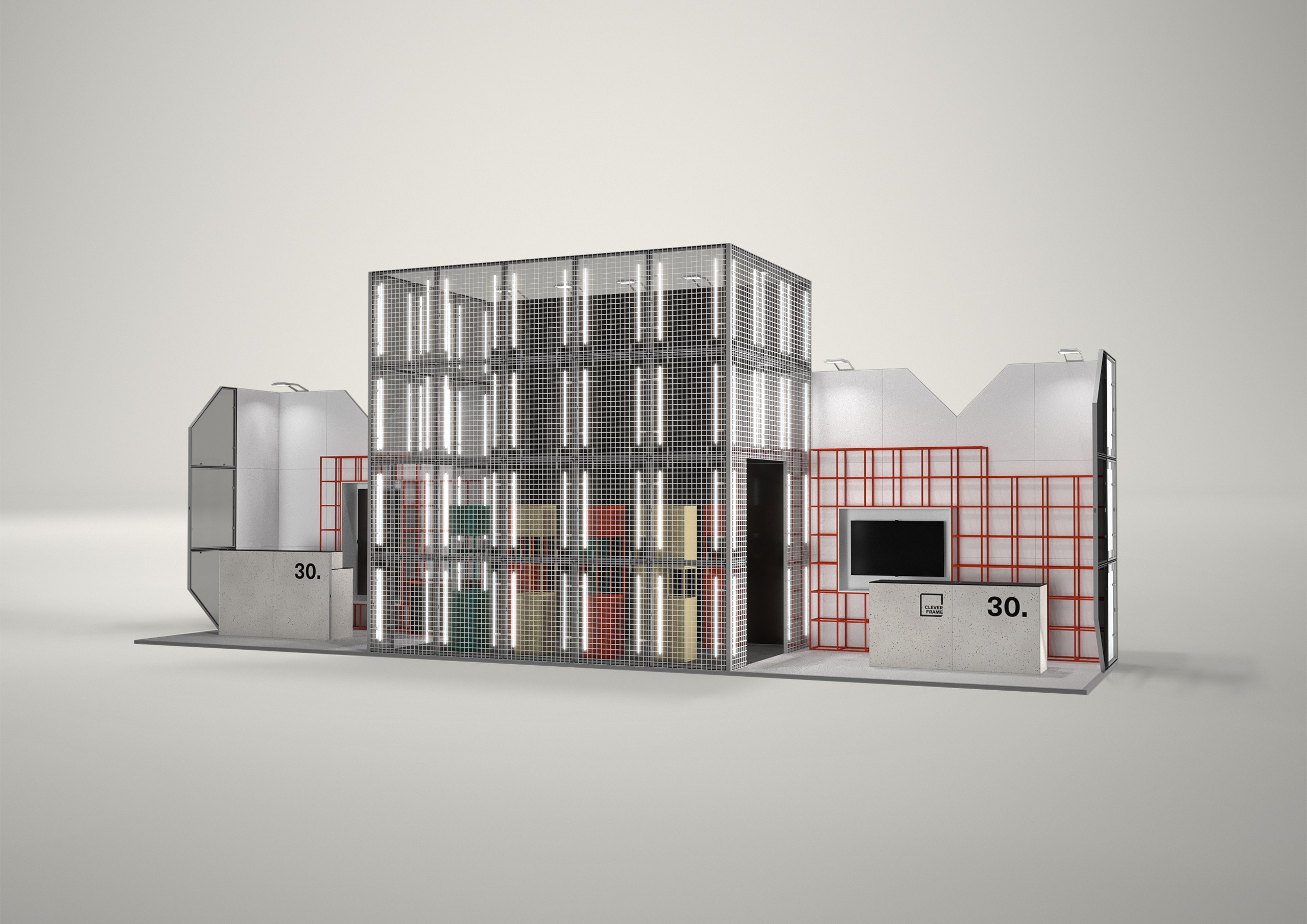 Stoisko targowe półwyspowe 13x3m (39m²) – profesjonalny projekt półwyspowy