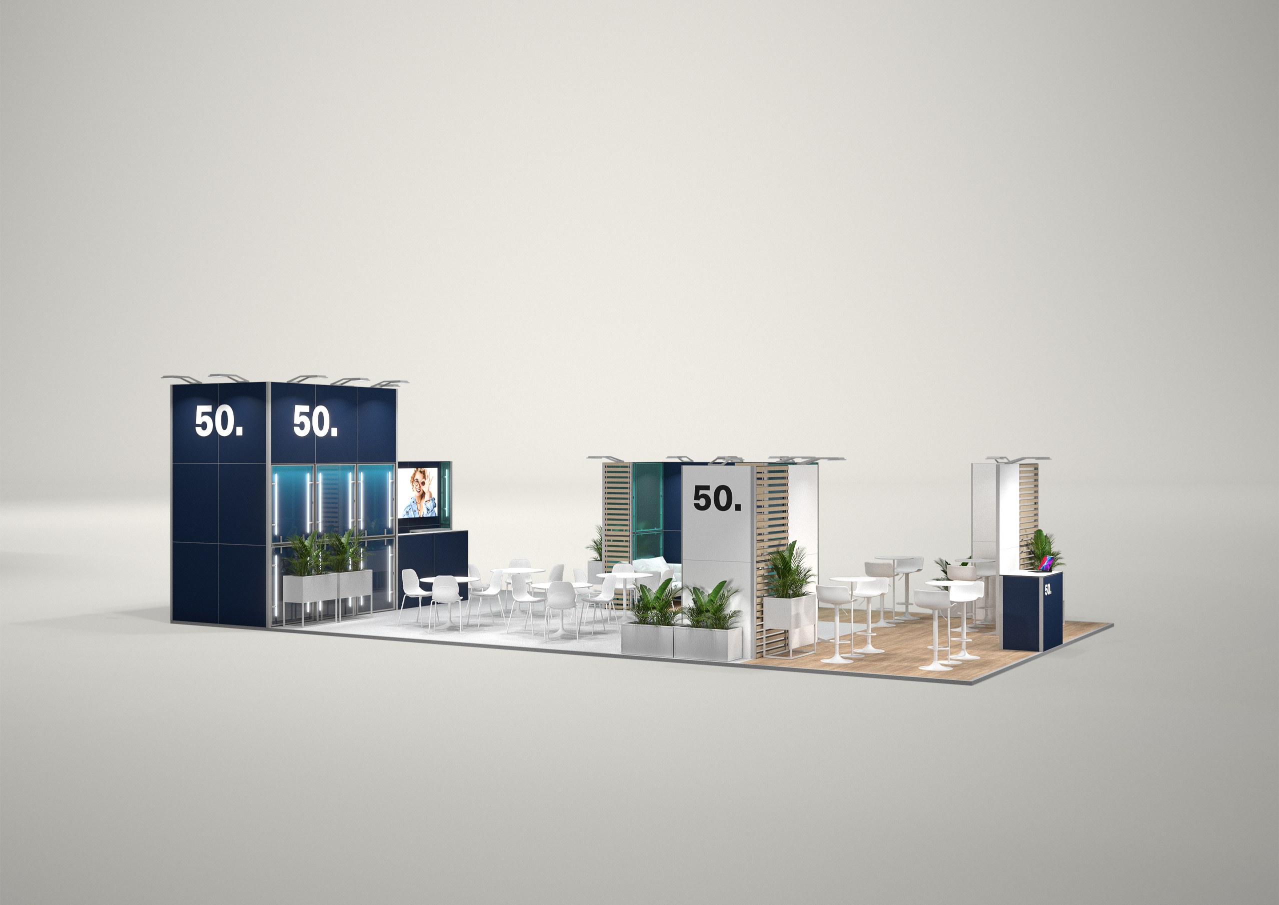 Stoisko targowe półwyspowe 13x7m (91m²) – otwarta zabudowa półwyspowa z grafiką