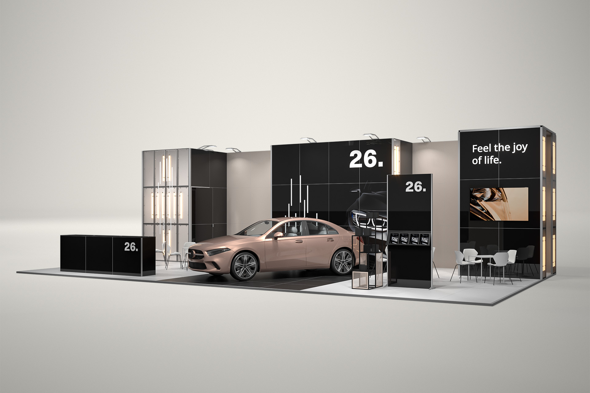Stoisko targowe półwyspowe 14x7m (98m²) – półwyspowe stoisko otwarte z trzech stron