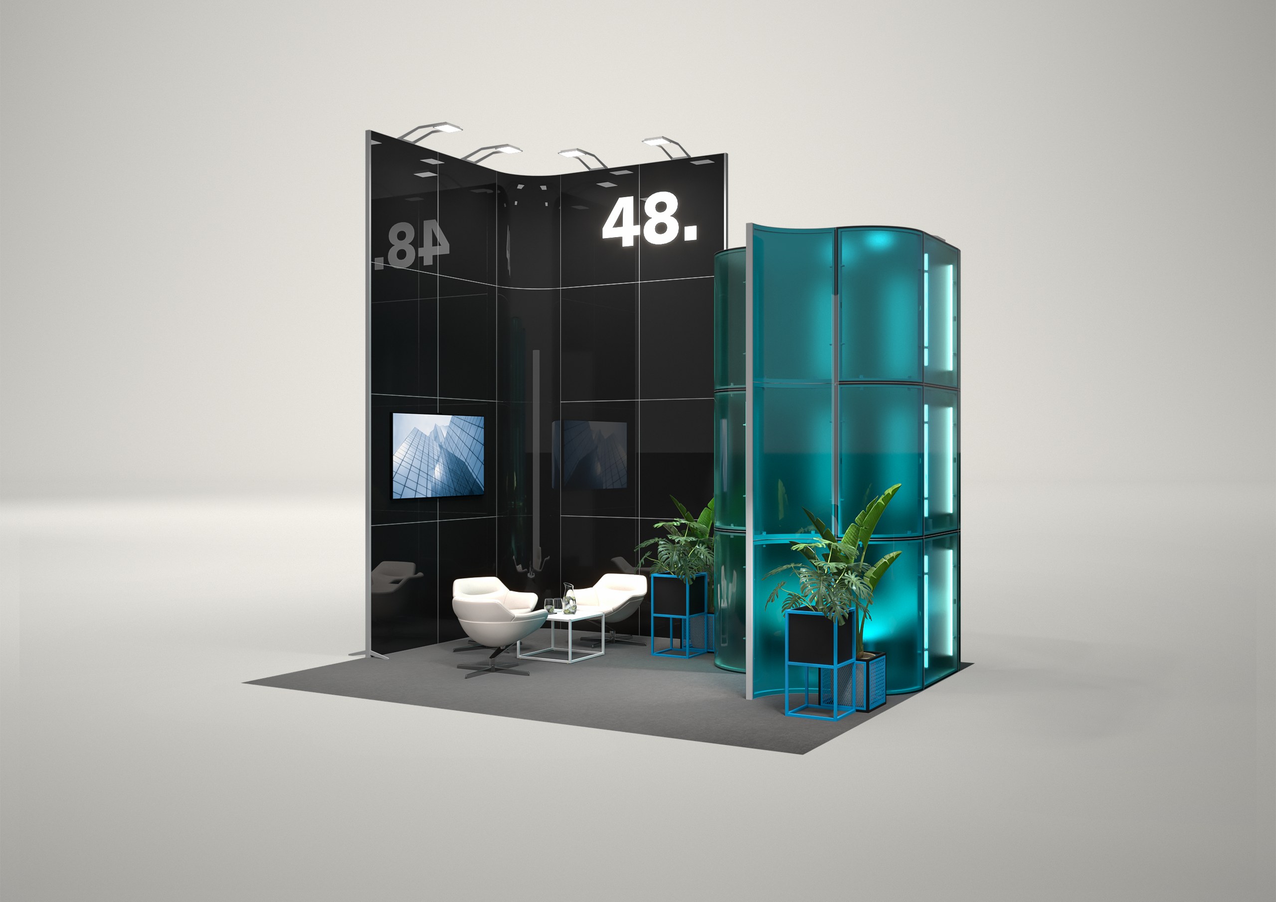 Stoisko targowe półwyspowe 5x4m (20m²) – eleganckie stoisko półwyspowe