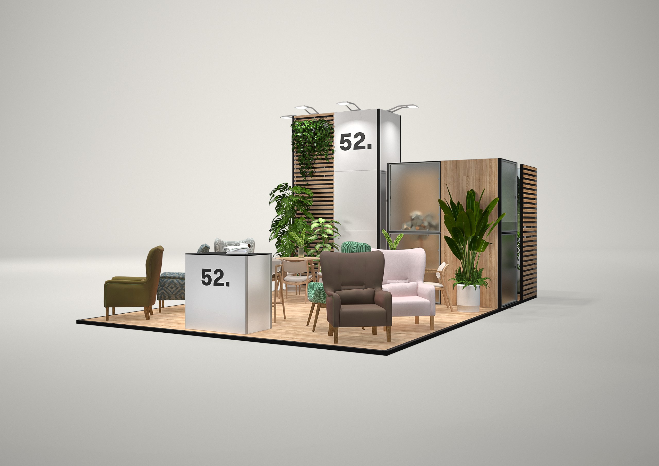 Stoisko targowe półwyspowe 5x7m (35m²) – półwyspowa zabudowa z przestrzenią spotkań
