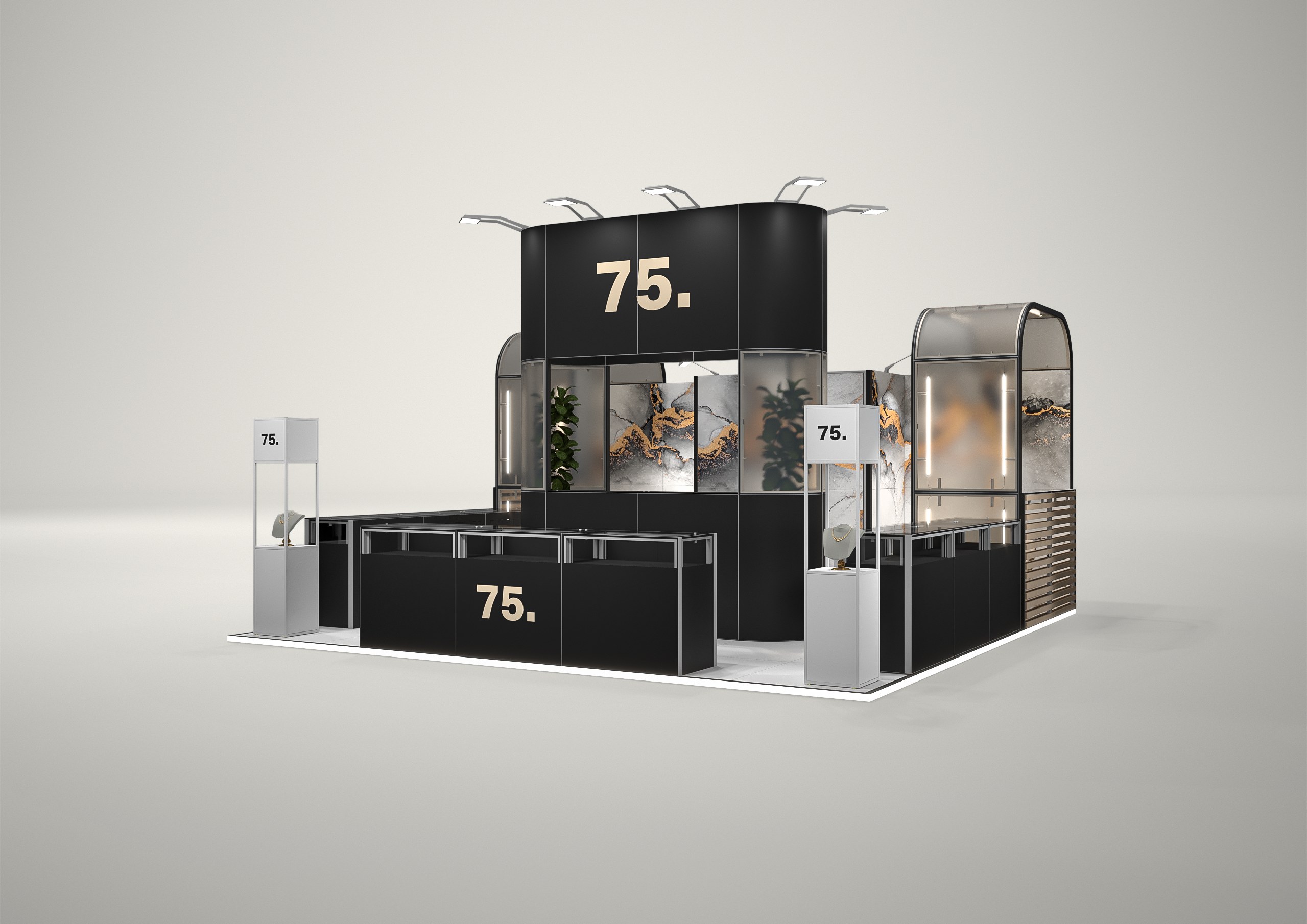 Stoisko targowe półwyspowe 6x6m (36m²) – projekt zabudowy półwyspowej