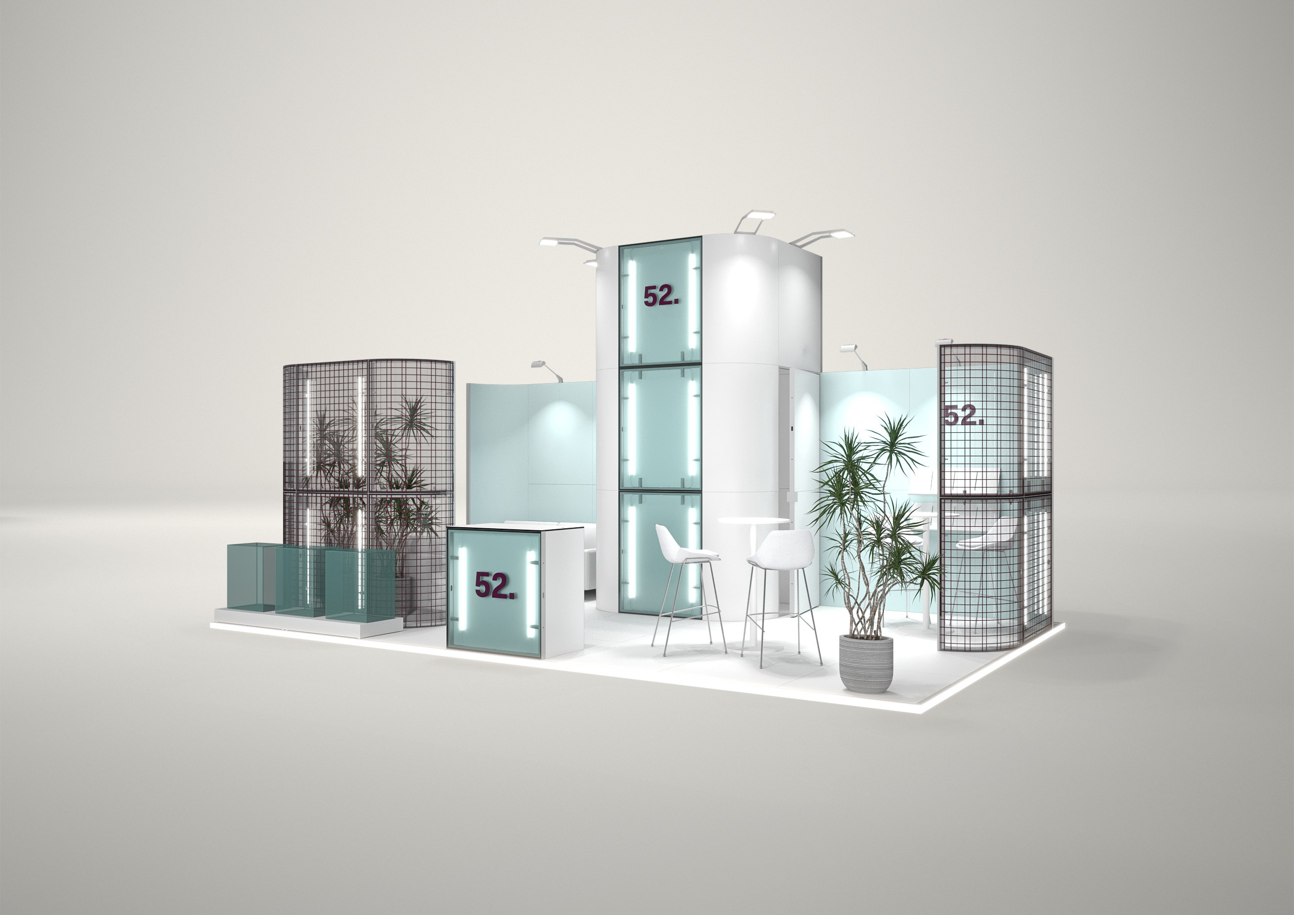 Stoisko targowe półwyspowe 7x4m (28m²) – otwarta zabudowa półwyspowa z grafiką