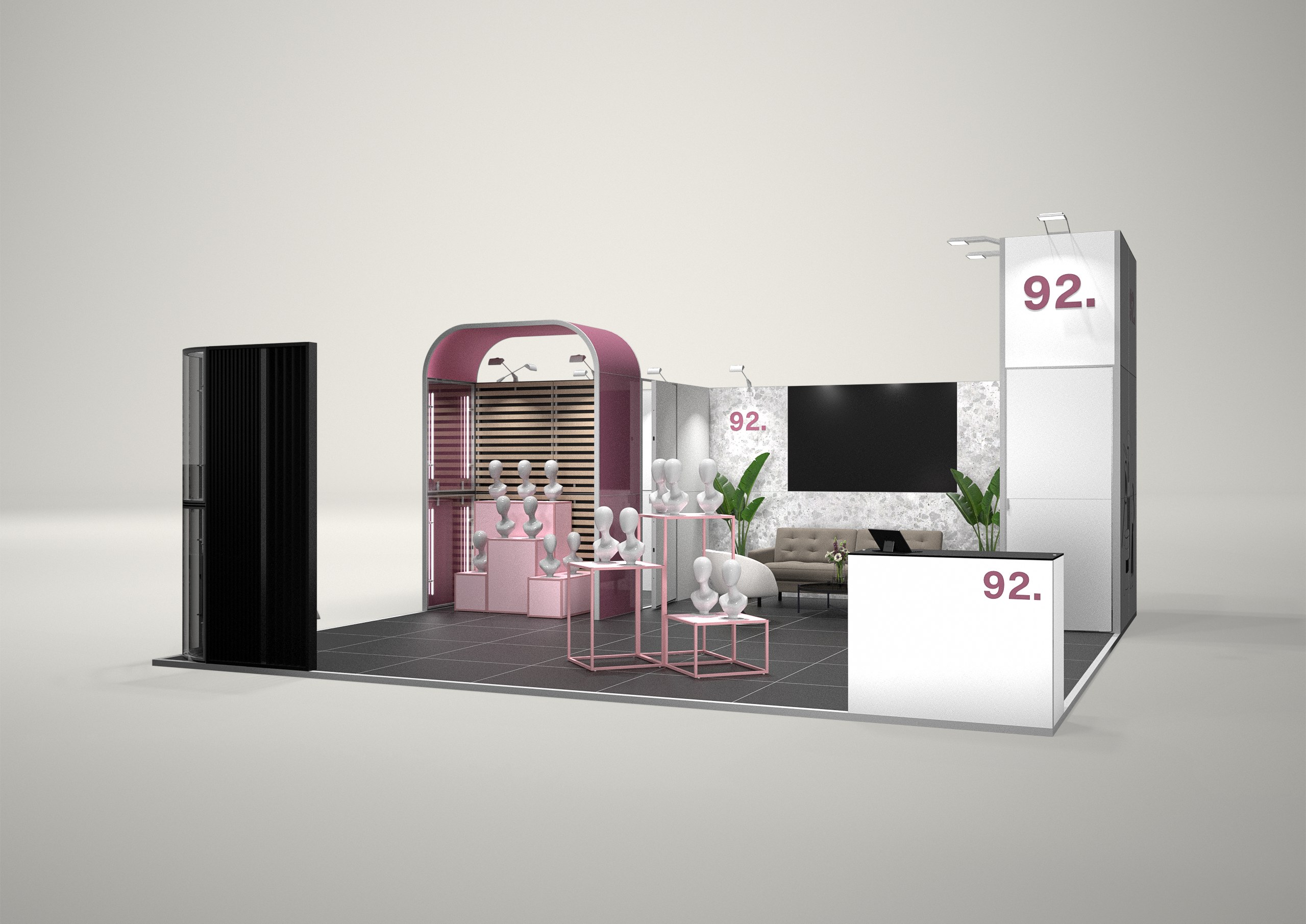Stoisko targowe półwyspowe 7x7m (49m²) – otwarta zabudowa półwyspowa z grafiką