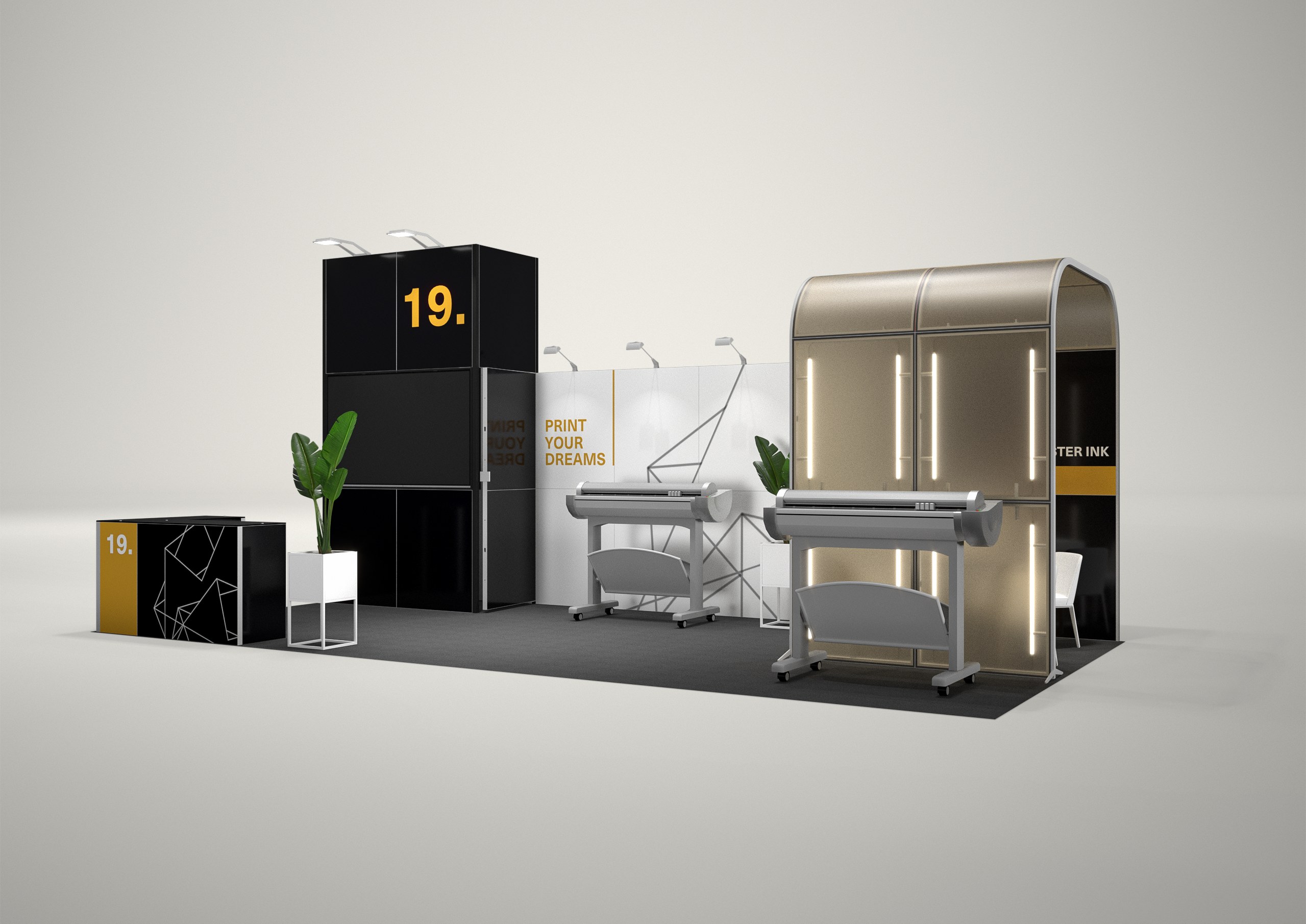 Stoisko targowe półwyspowe 8x4m (32m²) – eleganckie stoisko półwyspowe