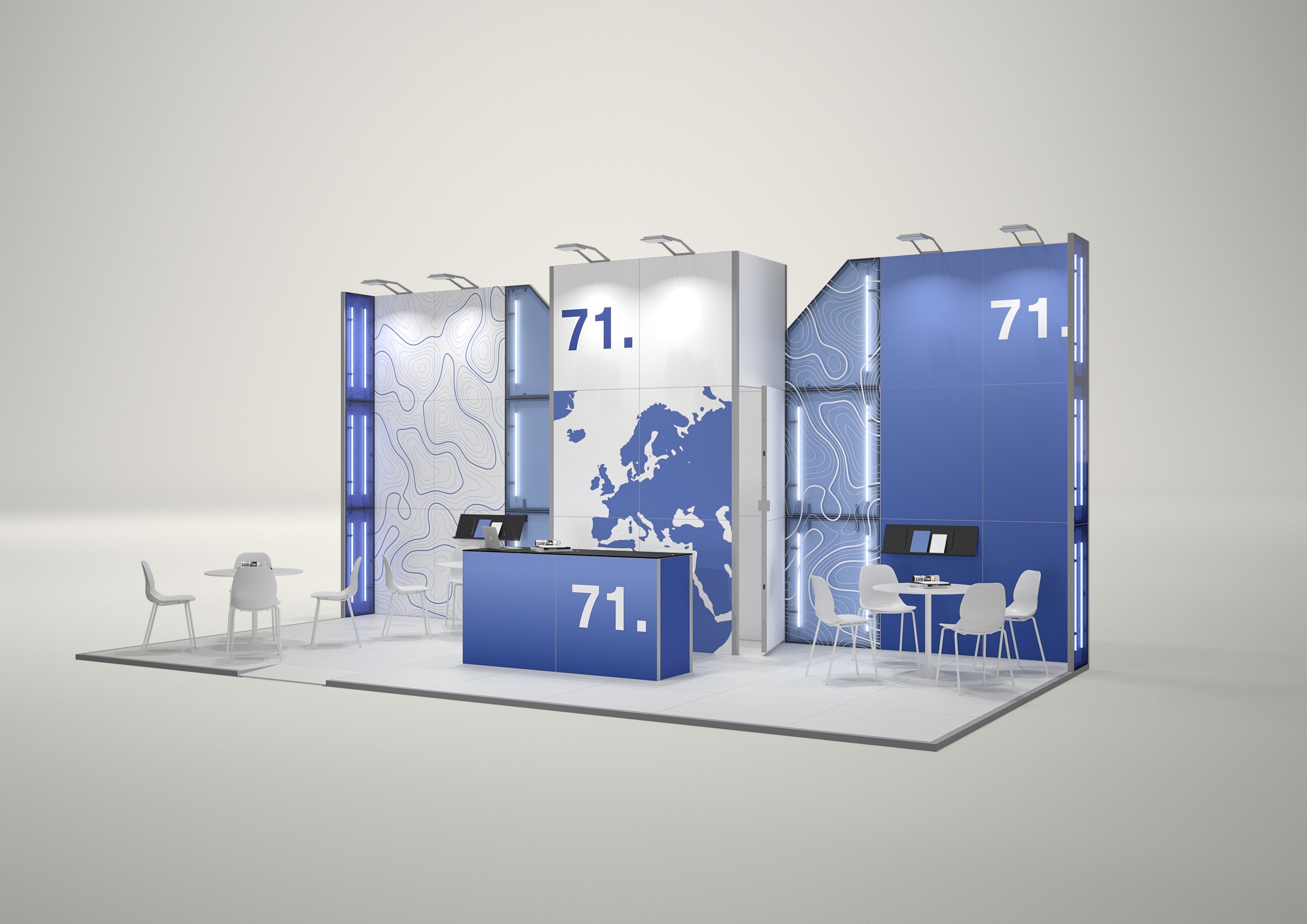 Stoisko targowe półwyspowe 8x4m (32m²) – półwyspowa zabudowa z przestrzenią spotkań