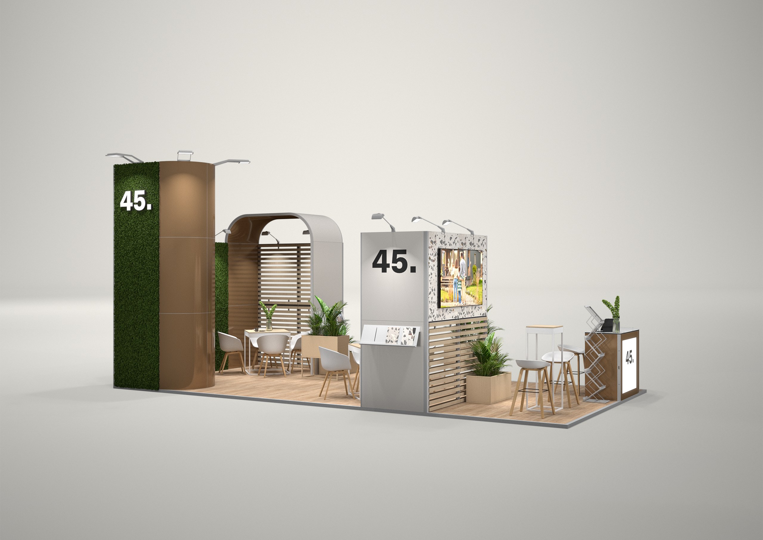 Stoisko targowe półwyspowe 8x5m (40m²) – półwyspowe stoisko otwarte z trzech stron