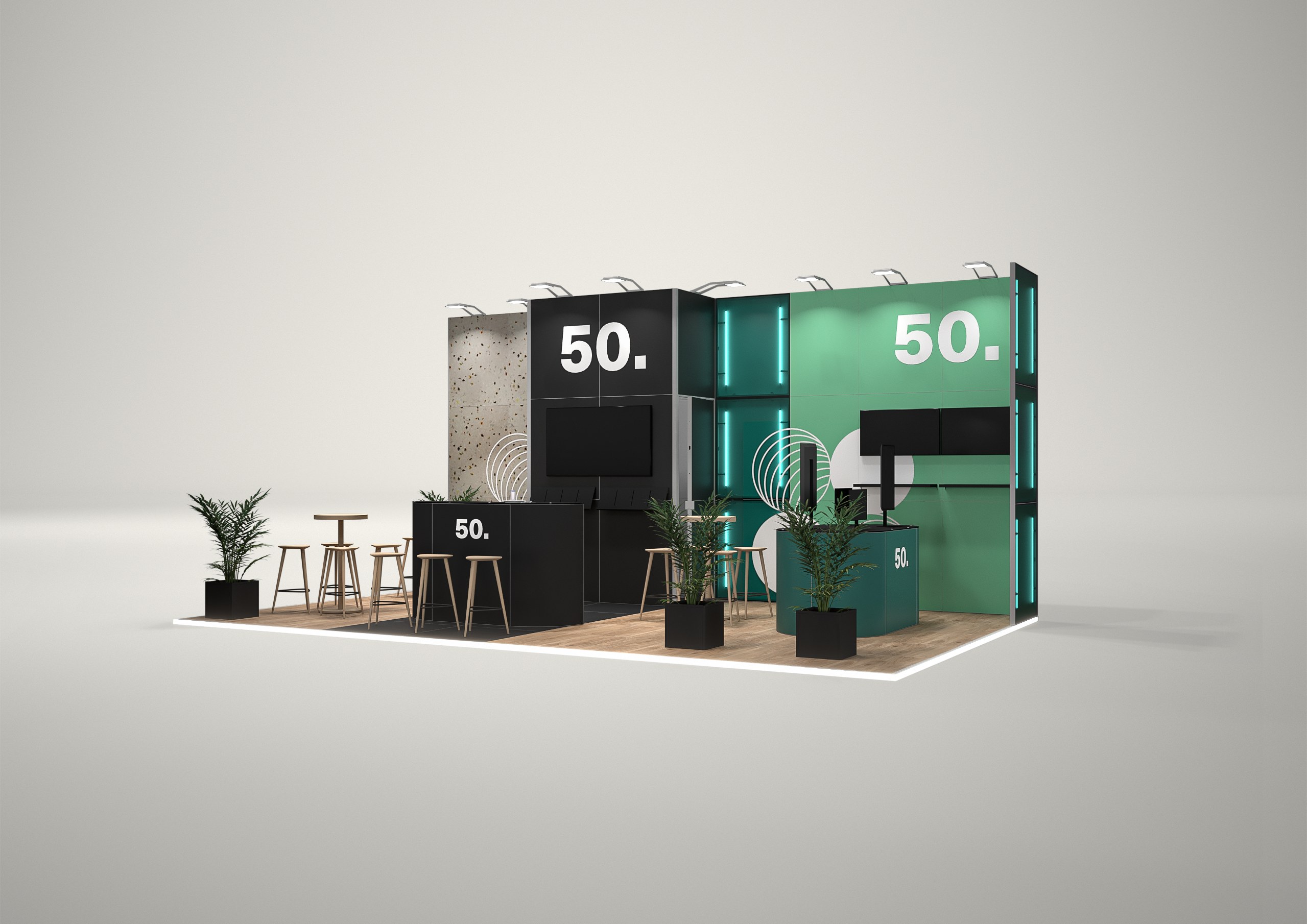 Stoisko targowe półwyspowe 8x5m (40m²) – eleganckie stoisko półwyspowe