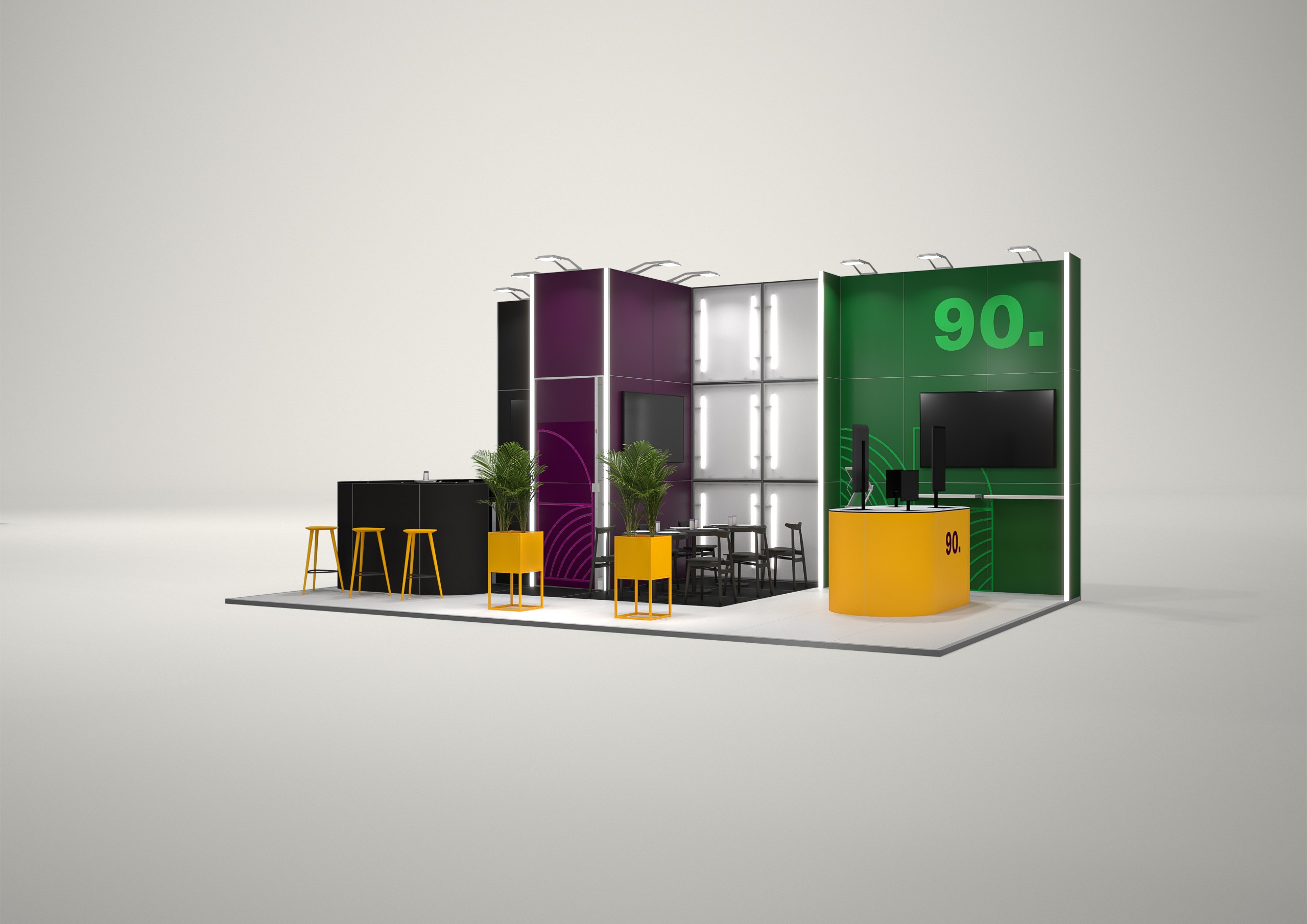 Stoisko targowe półwyspowe 8x5m (40m²) – półwyspowa zabudowa z przestrzenią spotkań