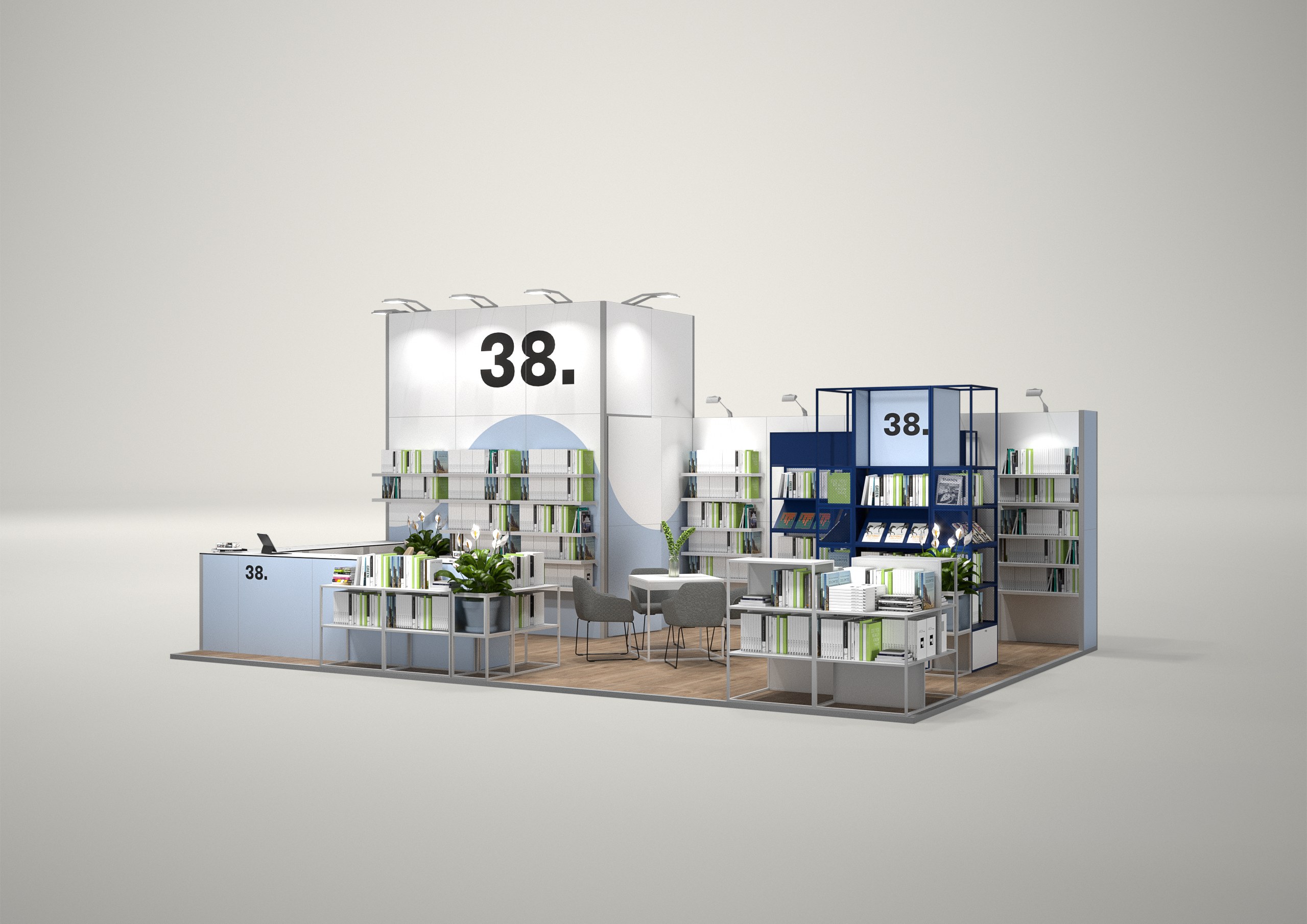 Stoisko targowe półwyspowe 8x6m (48m²) – profesjonalny projekt półwyspowy