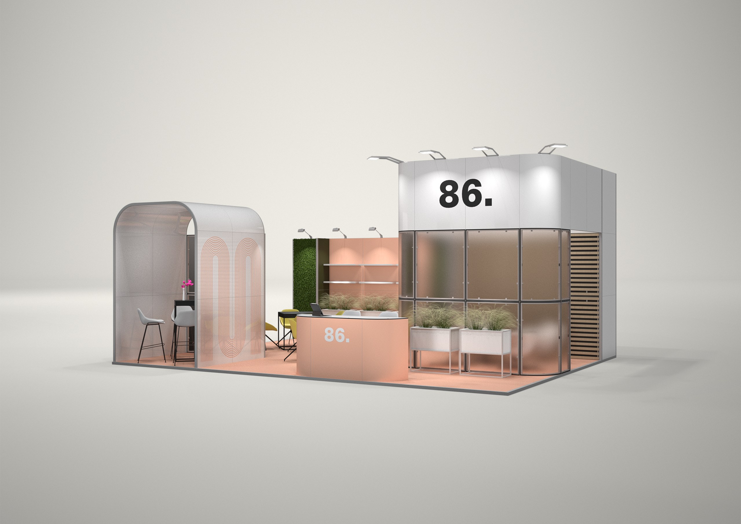 Stoisko targowe półwyspowe 8x6m (48m²) – funkcjonalna zabudowa półwyspowa