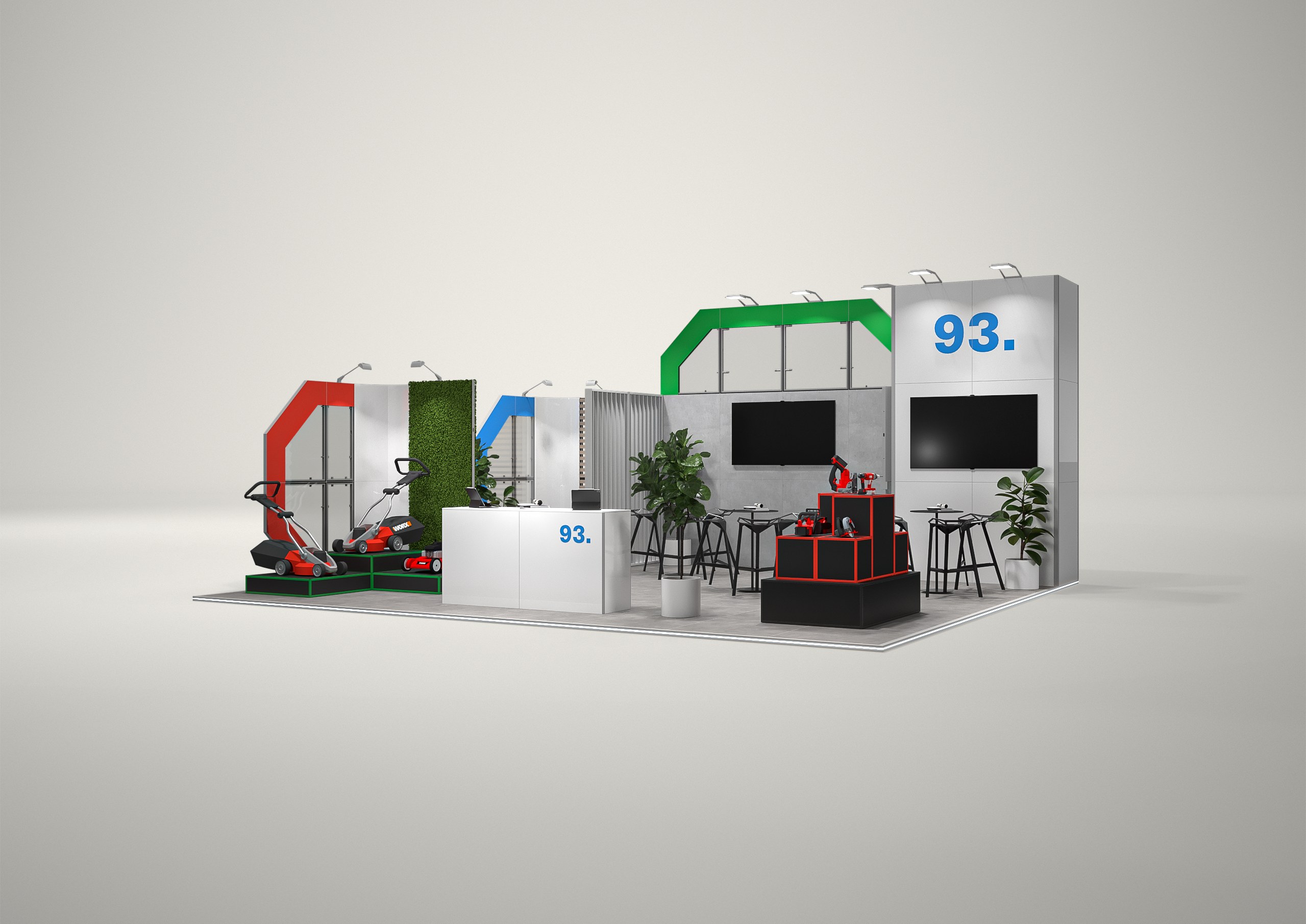 Stoisko targowe półwyspowe 8x7m (56m²) – otwarta zabudowa półwyspowa z grafiką
