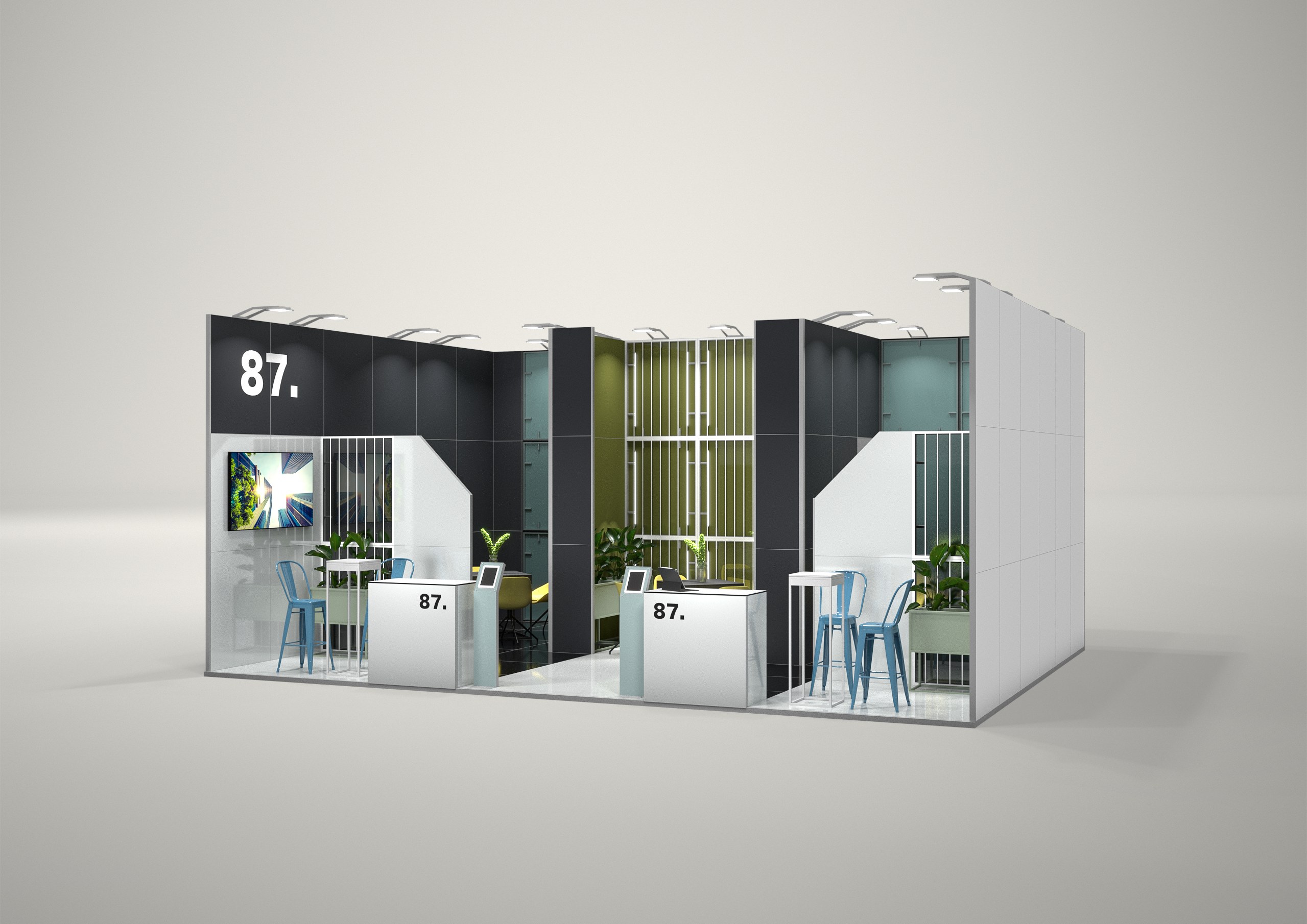 Stoisko targowe szeregowe 8x6m (48m²) – elegancki projekt szeregowy