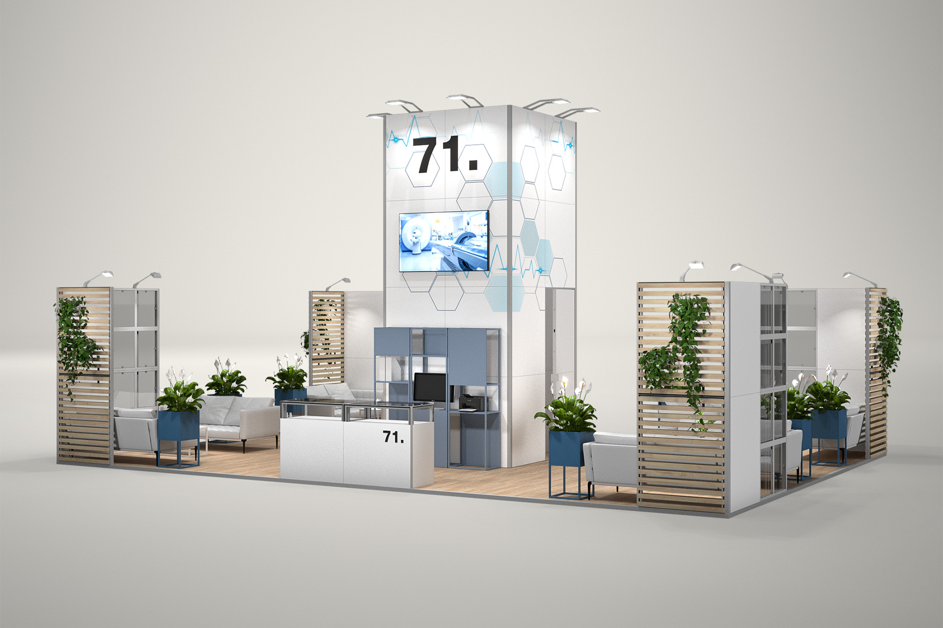 Stoisko targowe wyspowe 10x7m (70m²) – stoisko wyspowe z podświetleniem